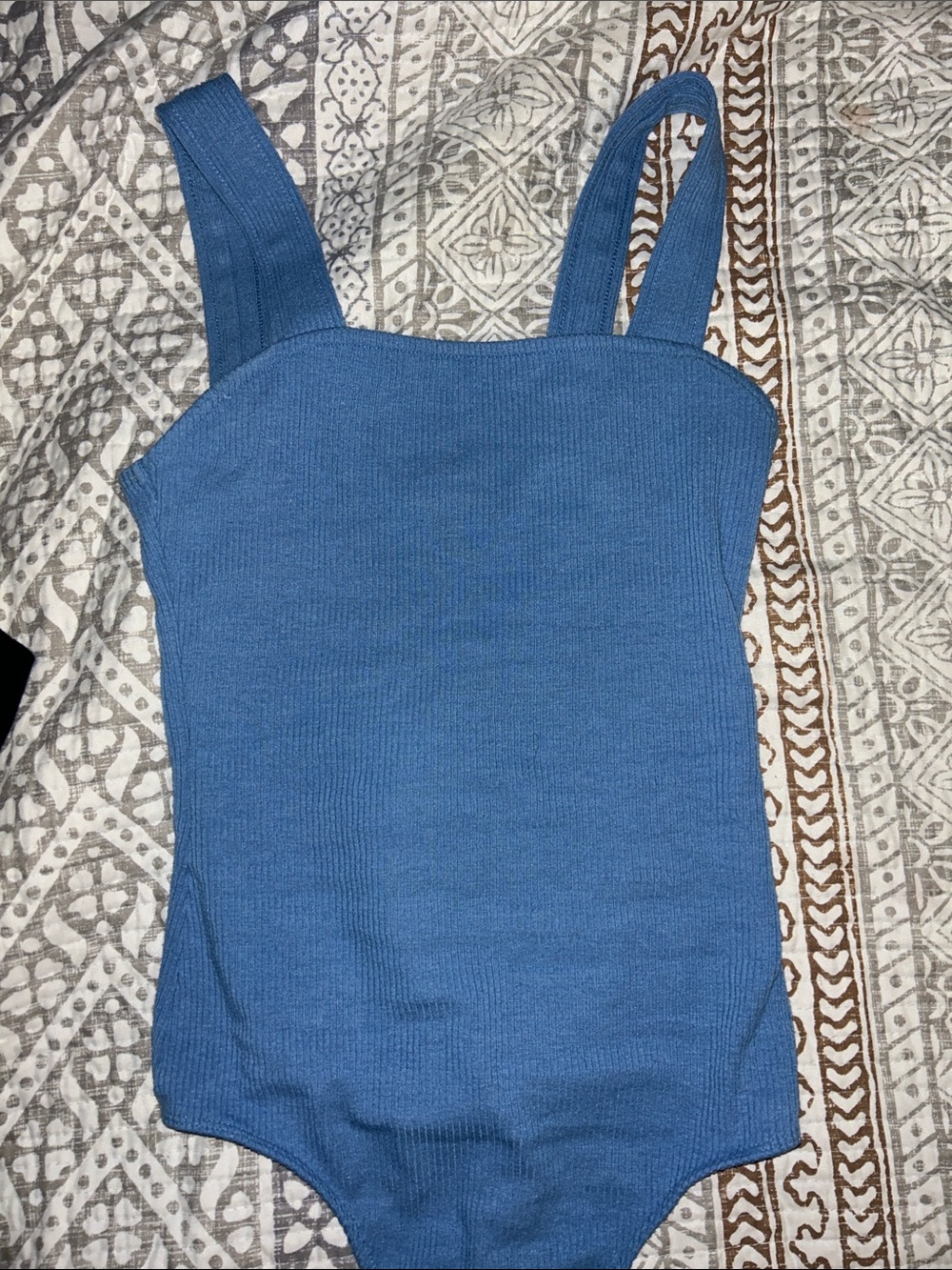 Blue Ribbed Square-Neck Bodysuit